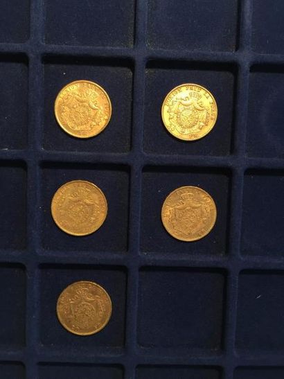 null 5 pièces en or de 20 francs Leopold II (1874 x 1 ; 1875 x 1 ; 1876 x 1 ; 1877...