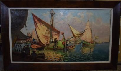 null MILOCH Henri (1898-1979) 

Pêcheurs et bateaux sous voiles au port 

Huile sur...