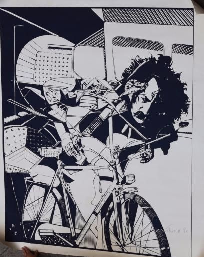 null FREZIN Roger, né en 1927

L'artiste sur son vélo . 

Estampe sur papier Canson....