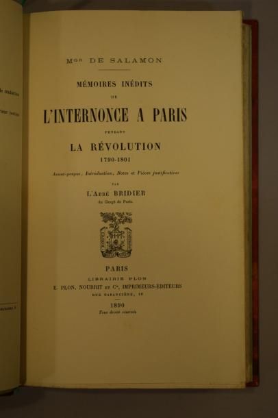  BRIDIER (l'Abbé), Mgr de Salomon, Mémoires inédits de l'internonce à Paris pendant...