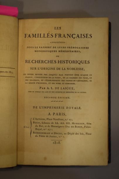 null LAIGUE (A. L. de), Les Familles Françaises [...] ou recherches historiques sur...