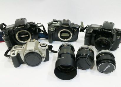 null Lot Canon, en l'état : Canon EOS 5, n°1038180, objectif Canon lens EF 50mm 1:1.8...