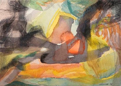null BOUMEESTER Christine, 1904-1971, 

Composition rouge et vert, 1959, 

plume,...