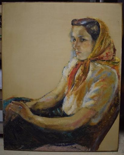 null DAVID GELL Honor Mary Ryland, née en 1903, 

Femme au foulard, 

huile sur toile...
