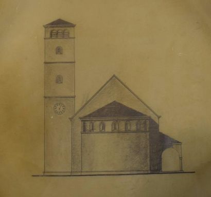 null KRAUS Alfred 
Projet d'une chapelle en style roman 
Lot de gravures d'architecture...