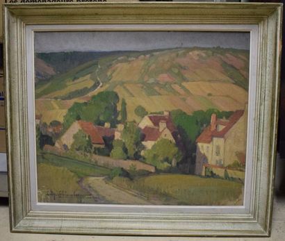 null SCHLUMBERGER Eugène, 1879-1960, 

Village aux toîts rouges, 

huile sur toile...