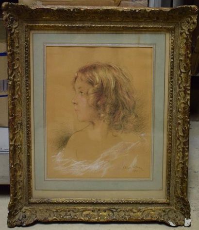null VOLLON Alexis, 1865-1945, 

Jeune fille de profil, 1937, 

crayon noir et pastels...