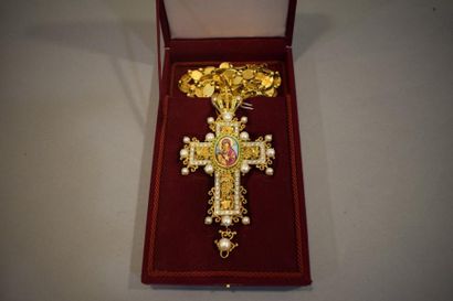 null Importante croix en argent et plaqué or avec miniature de la Vierge, perles...