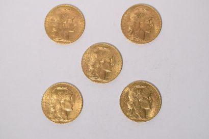 null [ Pièce en or ]

5 pièces de 20 francs " coq " 1914.

Poids : 32,2 g 