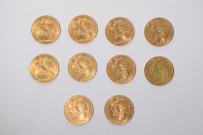 null [ Pièce en or ]

10 pièces de 20 francs " coq " 1908.

Poids : 64,5 g - TB à...