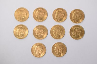 null [ Pièce en or ]

10 pièces de 20 francs " coq " 1908.

Poids : 64,5 g - TB à...