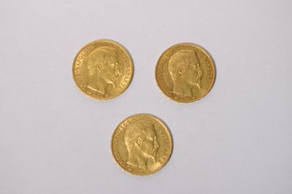 null 3 pièces en or de 20 francs Louis Napoléon "tête nue" (1852 A x 3).

TB à TTB.

Poids...