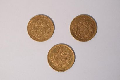 null 3 pièces en or de 20 francs Leopold II (1874 x 1 ; 1875 x 1 ; 1877 x 1)

TTB...