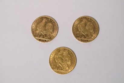 null 3 pièces en or de 20 francs Coq (Dieu protège la France) (1904 A ; 1905 A ;...