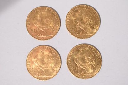 null Lot de quatre pièces de 20 Francs or au Coq de 1912. SUP.



