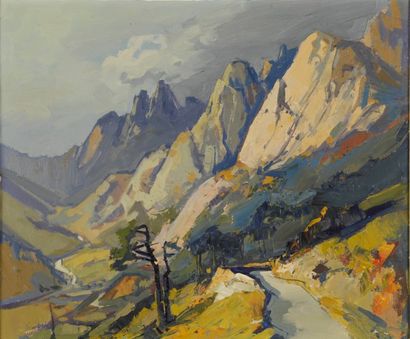 null Route de montagne Huile sur toile, non signée. 54x 65 cm.