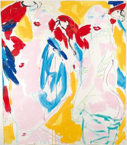 Luciano CASTELLI Two women with parrots, 1986 Acrylique et crayons gras sur papier,...