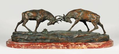 Alfredo PINA (1883 - 1906) Combat de Cerfs Sculpture en bronze à patine brune signée...