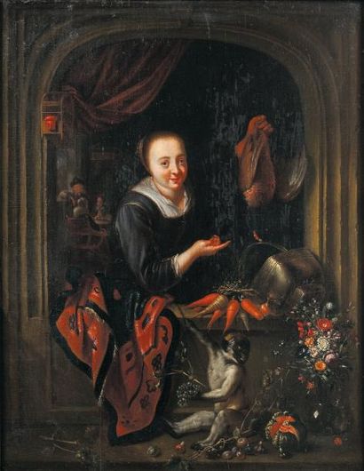 Ecole Hollandaise (vers 1700), suiveur de Gérard Dou La jolie cuisinière Panneau...