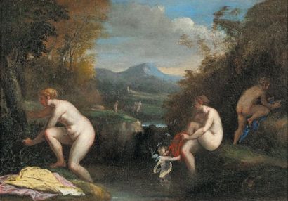 Ecole Italienne seconde moitié du XVIIe siècle Trois baigneuses et un amour à la...