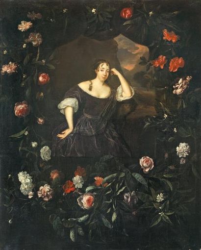 Ecole Flamande du XVIIe siècle Portrait de jeune femme dans une guirlande de fleurs,...