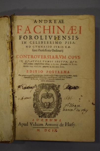 null FACHINAEI Adrea, Controversarium opus, Editio Postrema. 

1609, reliure plein...