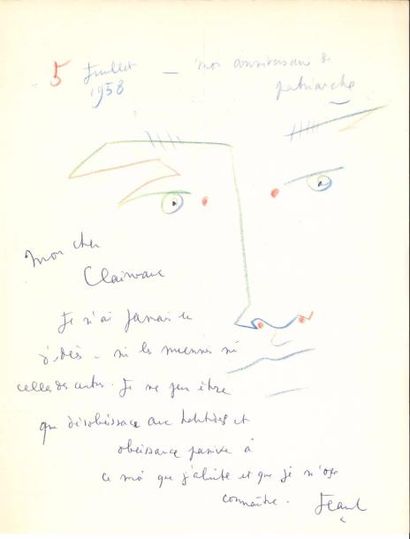 null Jean COCTEAU (1889-1963). L.A.S. « Jean » avec dessin, 5 juillet 1958, au poète...
