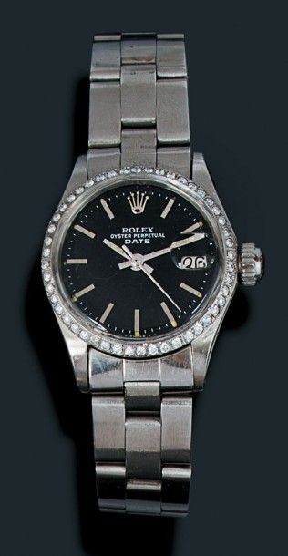 null Montre bracelet de dame Rolex Oyster Perpetual Date en acier, cadran noir à...