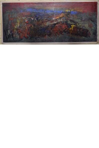 null ÉCOLE MODERNE, 

Ciel rouge, 1975, 

peinture sur isorel, trace de signature...