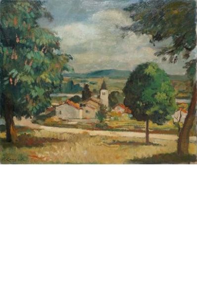 null LANGLADE Pierre, 1907-1972, 

Paysage au clocher, 

huile sur toile (accident),...