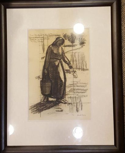 null MARCEL-LENOIR, 1872-1931, 

Porteuse d'eau, 

dessin au fusain (traces de mise...