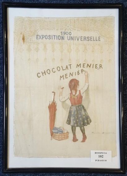 null MENIER. Mouchoir en tissu, CHOCOLAT MENIER - 1900 EXPOSITION UNIVERSELLE. Illustration...