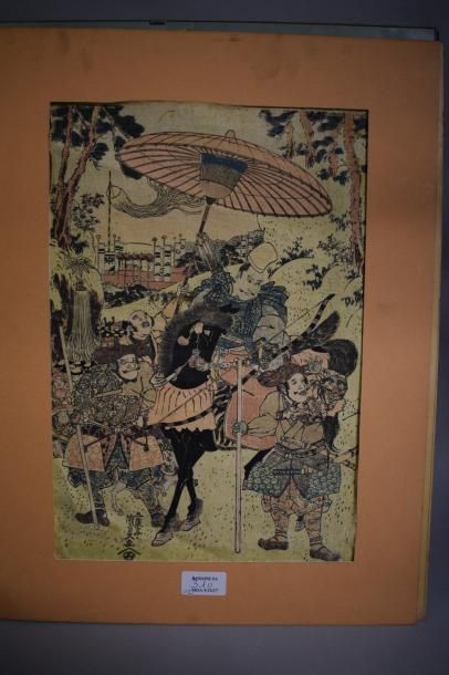 null Deux estampes oban tate-e : Kunisada, cavalier et serviteurs ; Kuniyoshi, portrait...