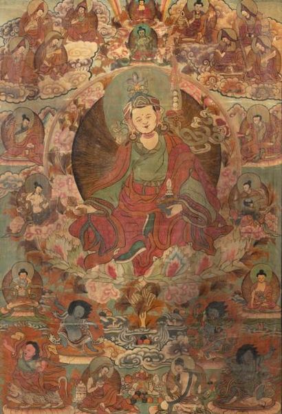 null Petit thangka en couleurs sur textile représentant Padmasambhava assis en méditation...