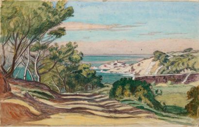 null GUILLOUX Charles Victor, 1866-1946, 

Chemin ombragé vers la mer, 

aquarelle...