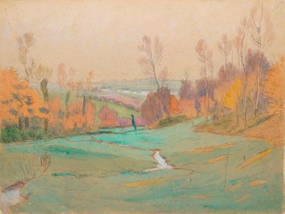 null GUILLOUX Charles Victor, 1866-1946, 

Ruisseau à l'automne, 

aquarelle gouachée...