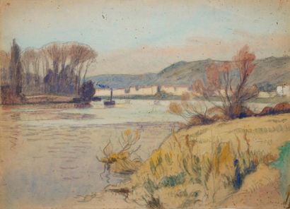 null GUILLOUX Charles Victor, 1866-1946, 

Bords de rivière à l'automne, 

aquarelle...