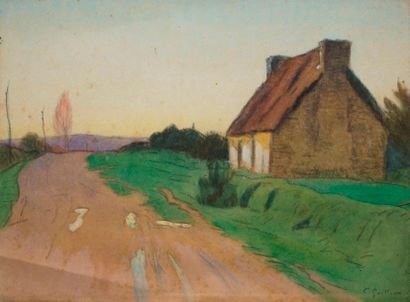 null GUILLOUX Charles Victor, 1866-1946, 

Chaumière au chemin, 

aquarelle gouachée...