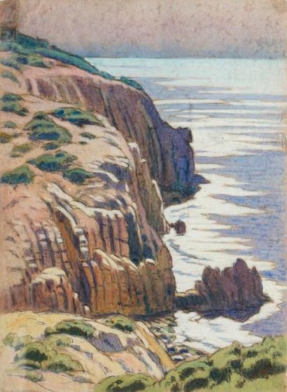 null GUILLOUX Charles Victor, 1866-1946, 

Crépuscule sur les falaises, 

aquarelle...