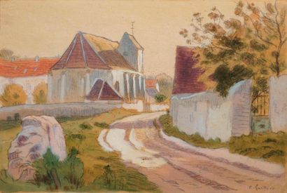 null GUILLOUX Charles Victor, 1866-1946, 

Église au chemin tournant, 

aquarelle...