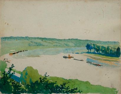 null GUILLOUX Charles Victor, 1866-1946, 

Méandre aux péniches, 

aquarelle (rousseurs),...