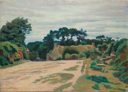 null GUILLOUX Charles Victor, 1866-1946, 

Chemin et chaumière en Bretagne, 

huile...
