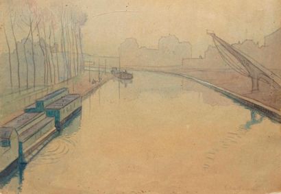 null GUILLOUX Charles Victor, 1866-1946, 

Péniche et bateau lavoir, 1895, 

aquarelle...