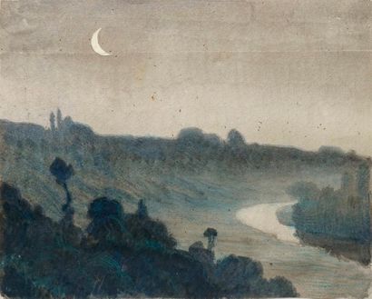 null GUILLOUX Charles Victor, 1866-1946, 

Vallée au clair de lune, 

aquarelle et...