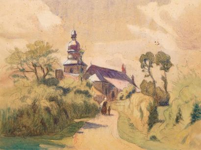null GUILLOUX Charles Victor, 1866-1946, 

Chemin vers l'église, 

aquarelle gouachée...