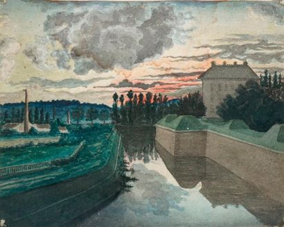 null GUILLOUX Charles Victor, 1866-1946,
Les douves au crépuscule,
aquarelle (traces...