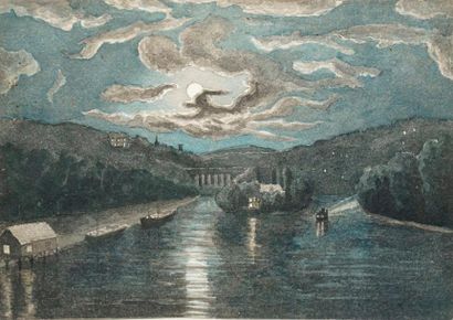 null GUILLOUX Charles Victor, 1866-1946, 

Rivière au clair de lune, 

aquarelle,...