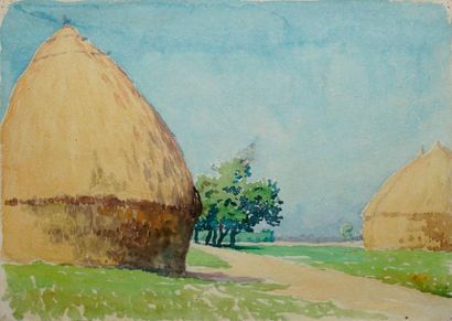 null GUILLOUX Charles Victor, 1866-1946, 

Les trois meules au chemin, 

aquarelle,...