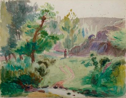 null GUILLOUX Charles Victor, 1866-1946, 

Promeneuse vers le ruisseau, 

aquarelle,...