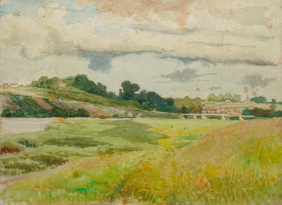 null GUILLOUX Charles Victor, 1866-1946, 

Paysage au pont, 

aquarelle (petites...